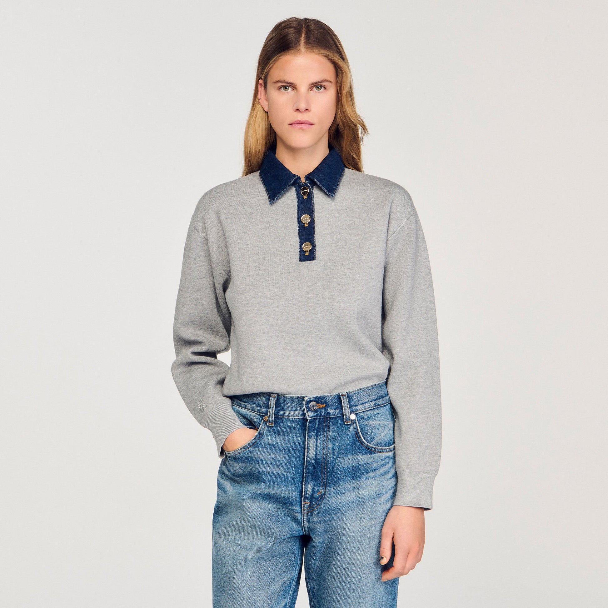 Sandro Sweater with denim collar Grey