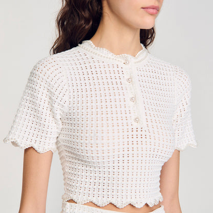 Sandro Pearl beaded knit sweater White