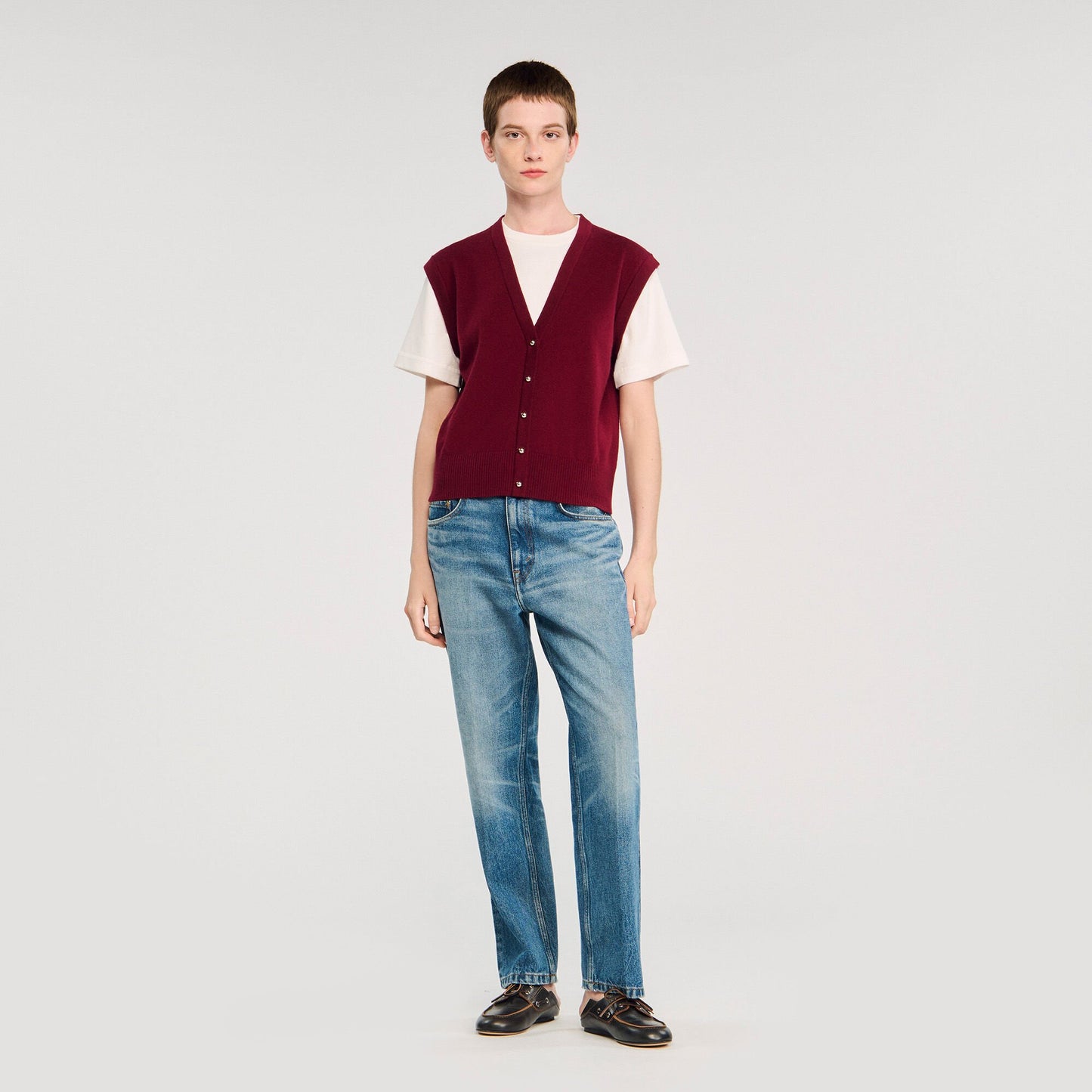 Sandro Two-tone wool and cashmere sweater Bordeaux