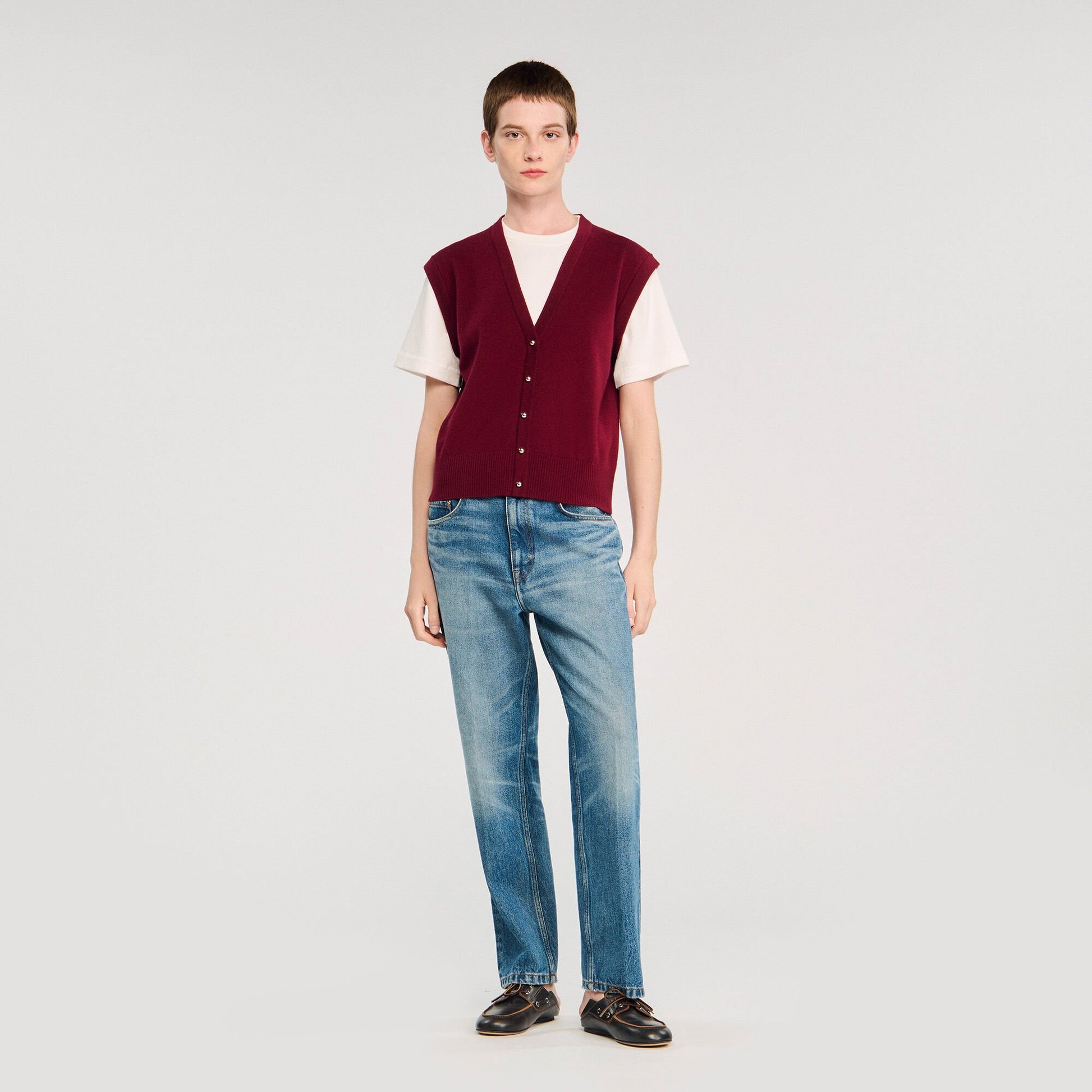 Sandro Two-tone wool and cashmere sweater Bordeaux