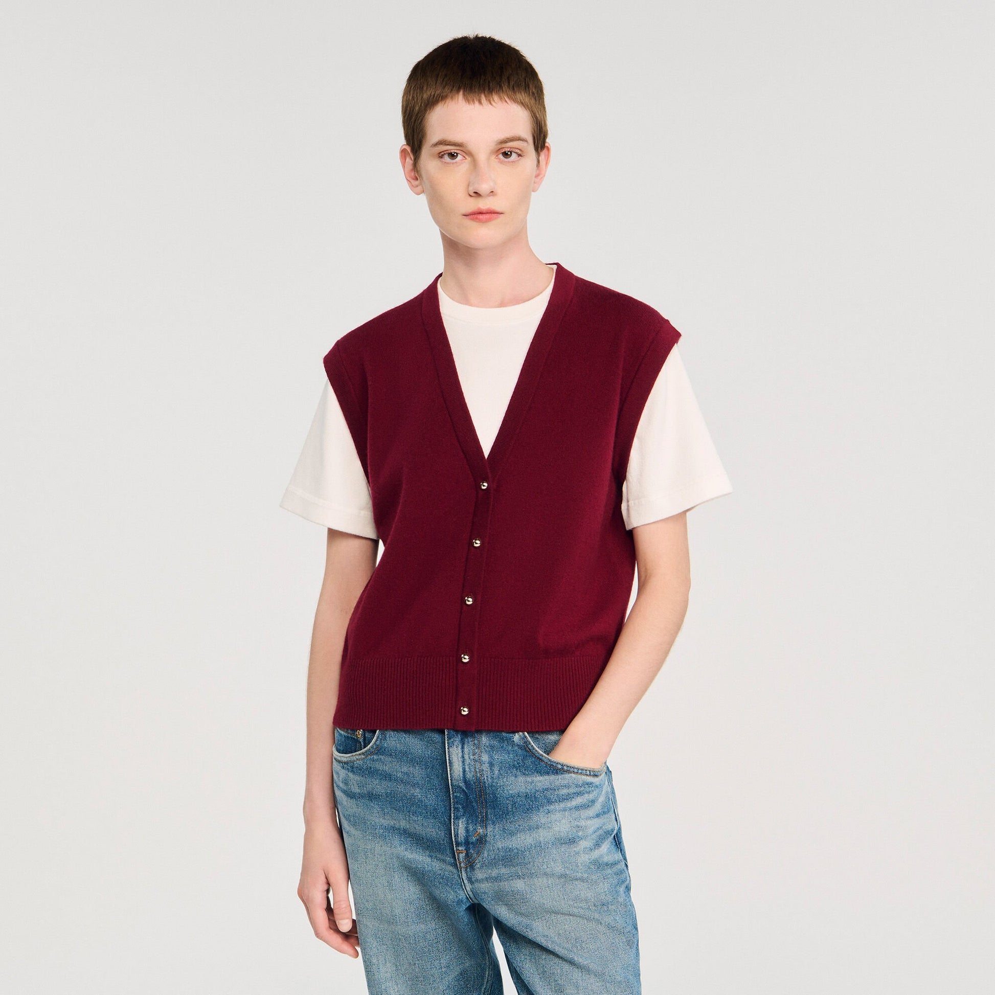 Sandro Two-tone wool and cashmere sweater Bordeaux