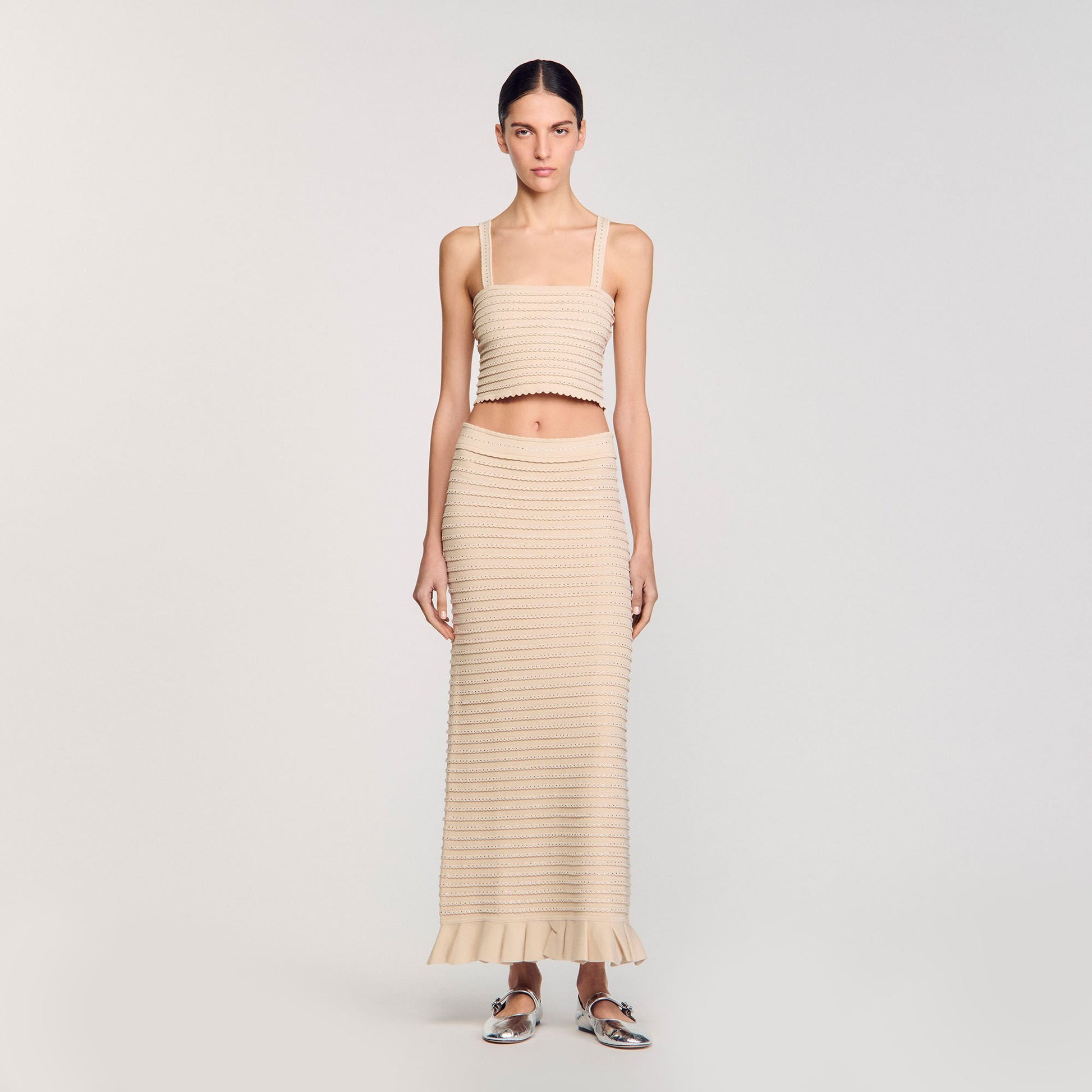 Sandro Rhinestone knit crop top Beige