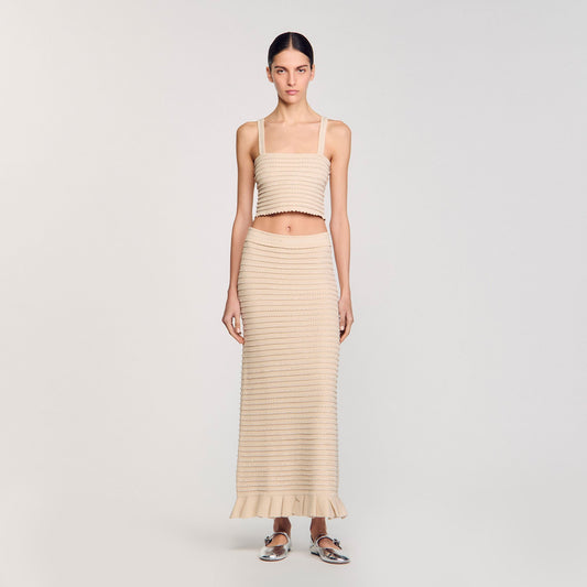 Sandro Rhinestone knit crop top Beige