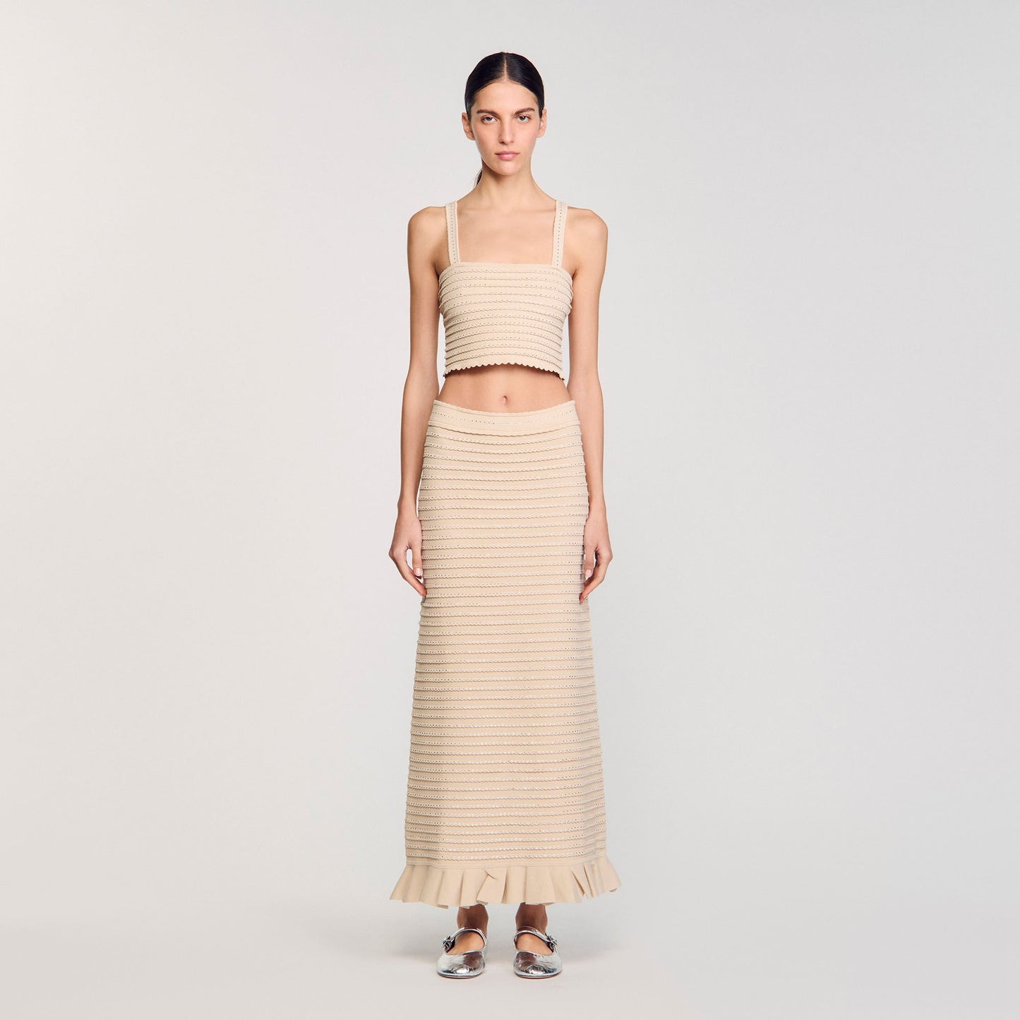 Sandro Rhinestone knit crop top Beige