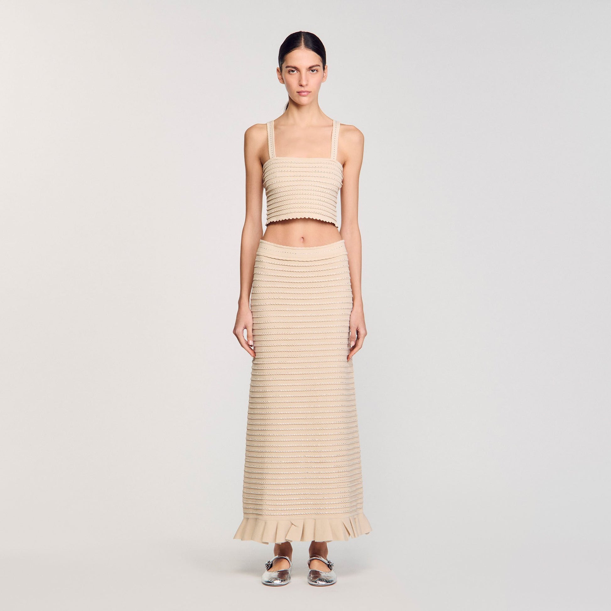 Sandro Rhinestone knit crop top Beige
