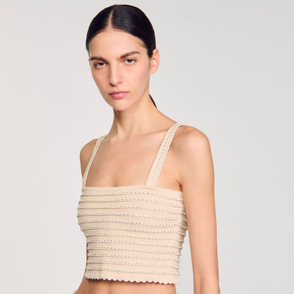 Sandro Rhinestone knit crop top Beige