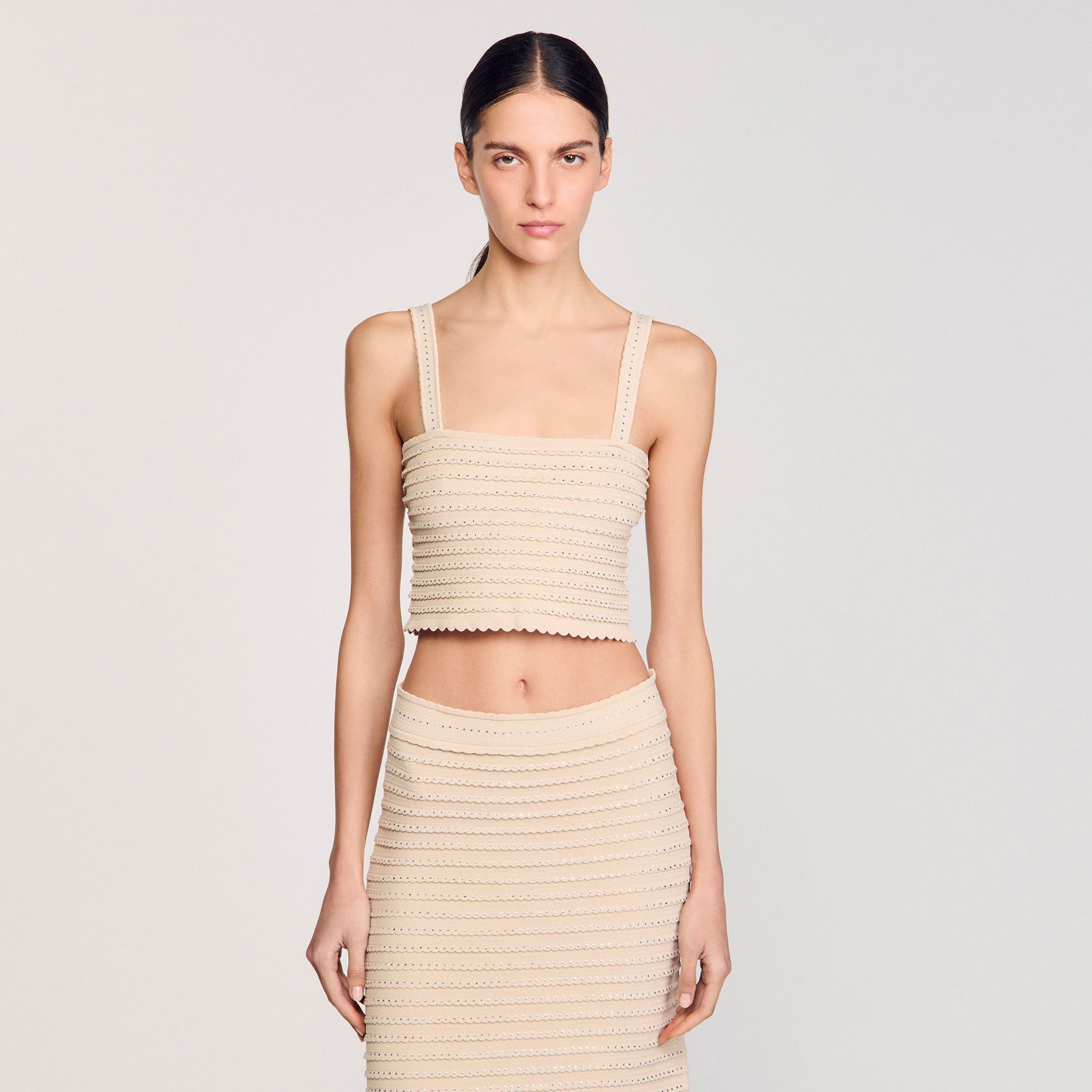 Sandro Rhinestone knit crop top Beige