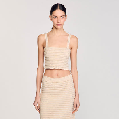 Sandro Rhinestone knit crop top Beige