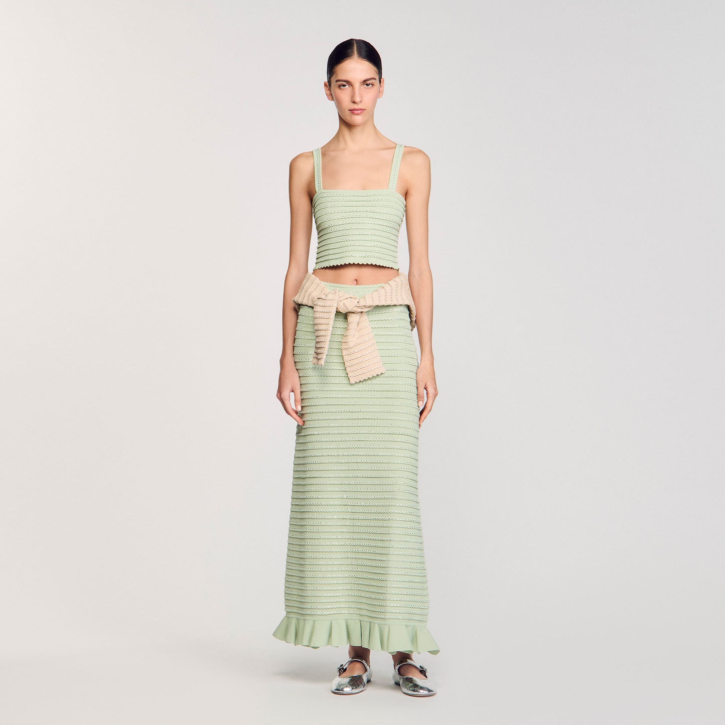 Sandro Rhinestone knit crop top Almond Green