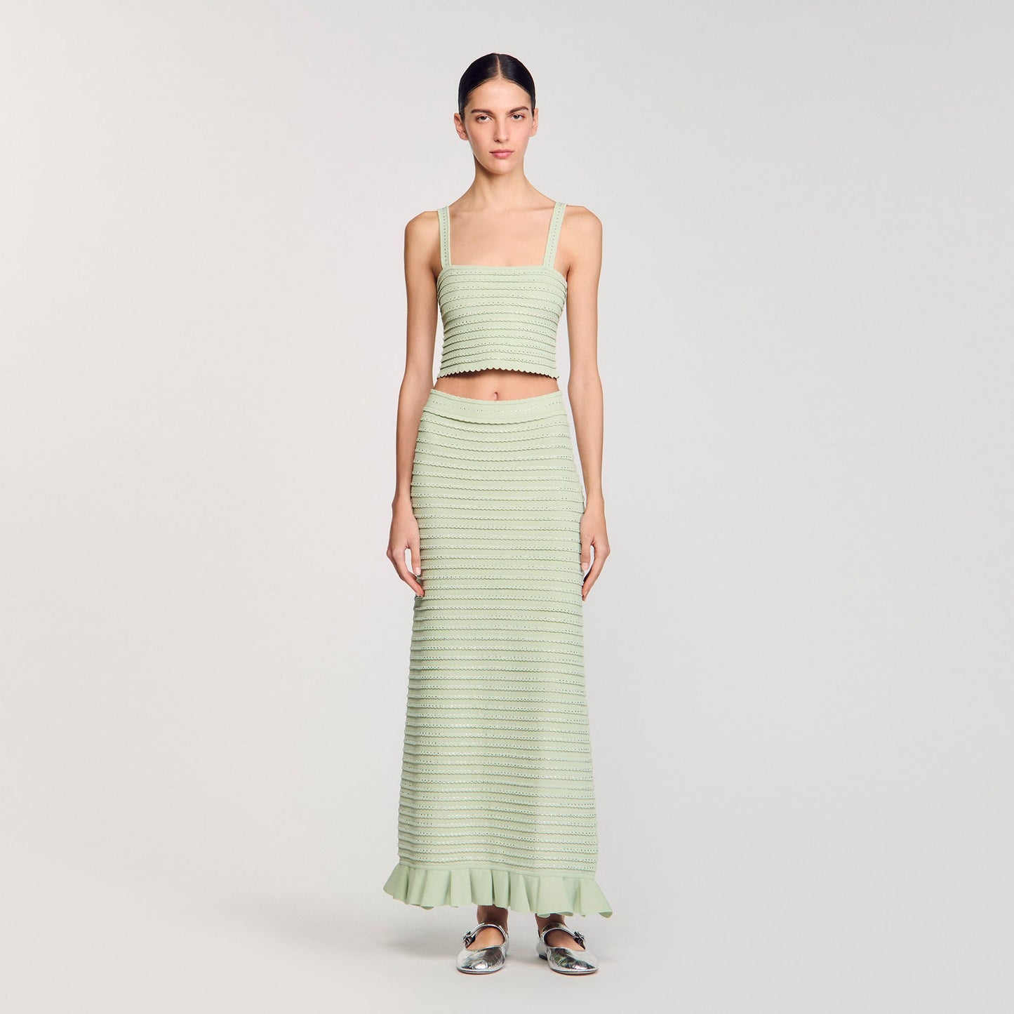 Sandro Rhinestone knit crop top Almond Green