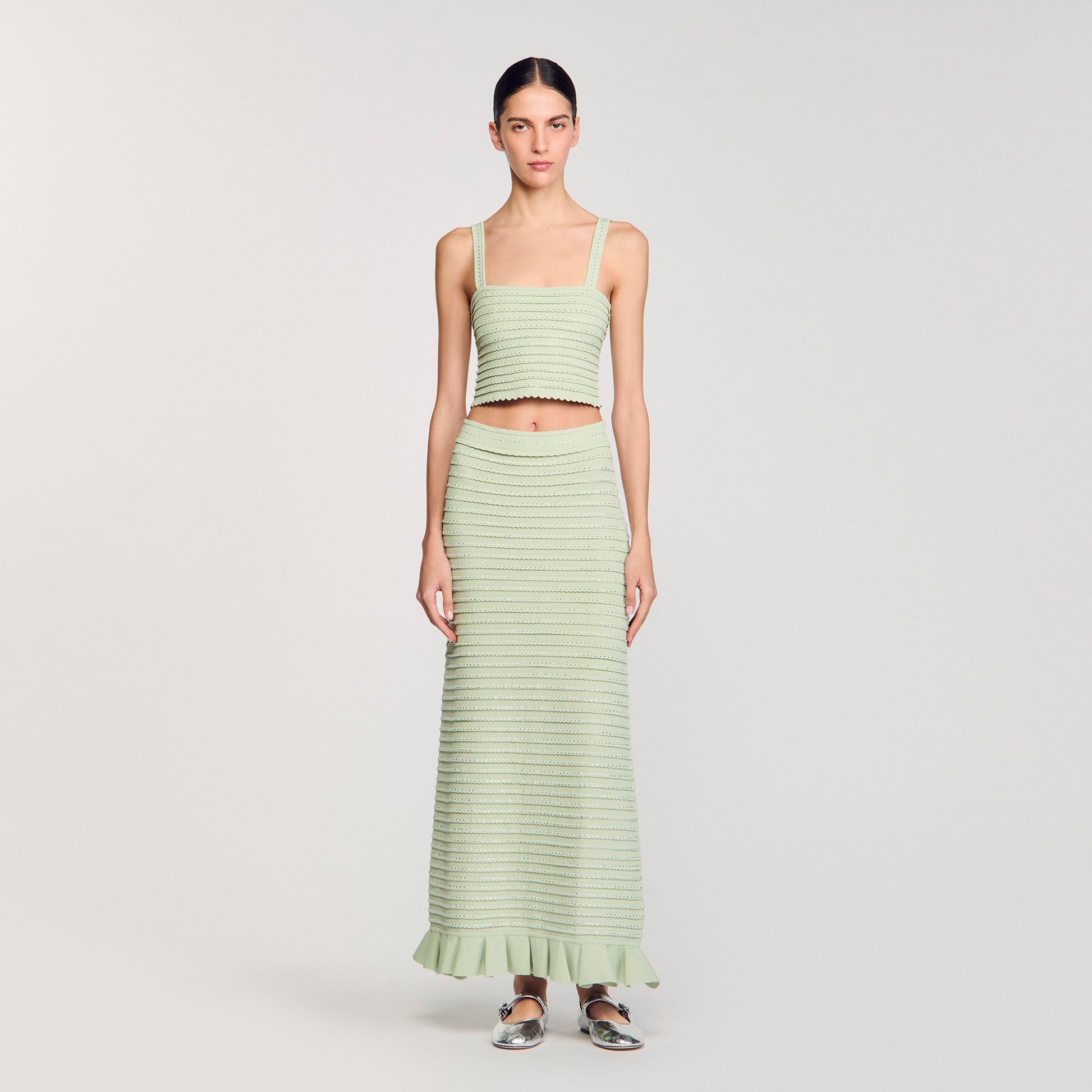 Sandro Rhinestone knit crop top Almond Green