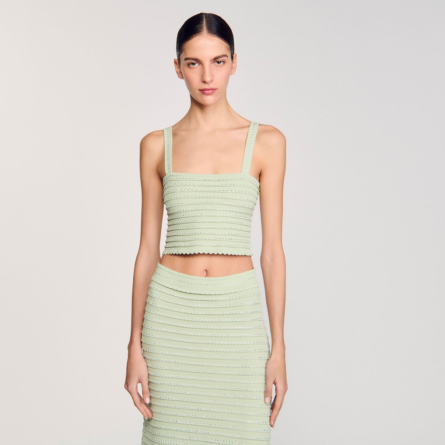 Sandro Rhinestone knit crop top Almond Green