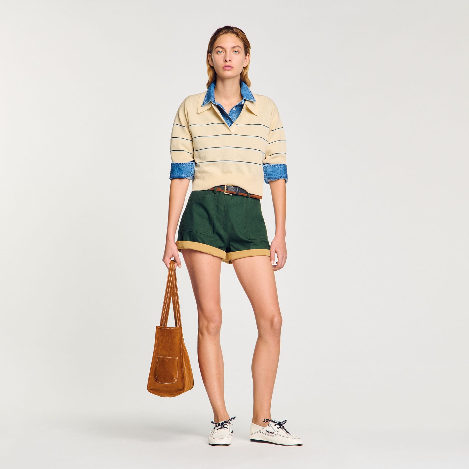 Sandro Cropped striped knitted sweater Ecru