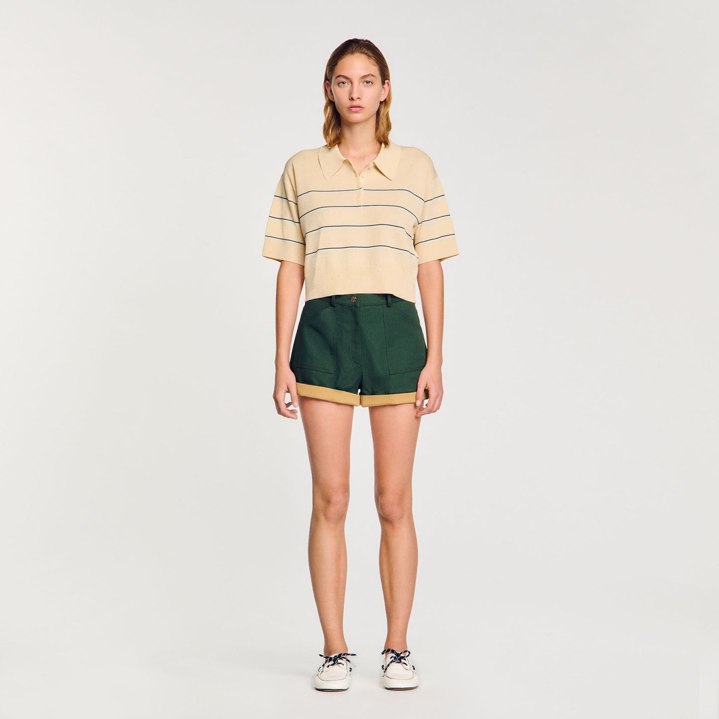 Sandro Cropped striped knitted sweater Ecru