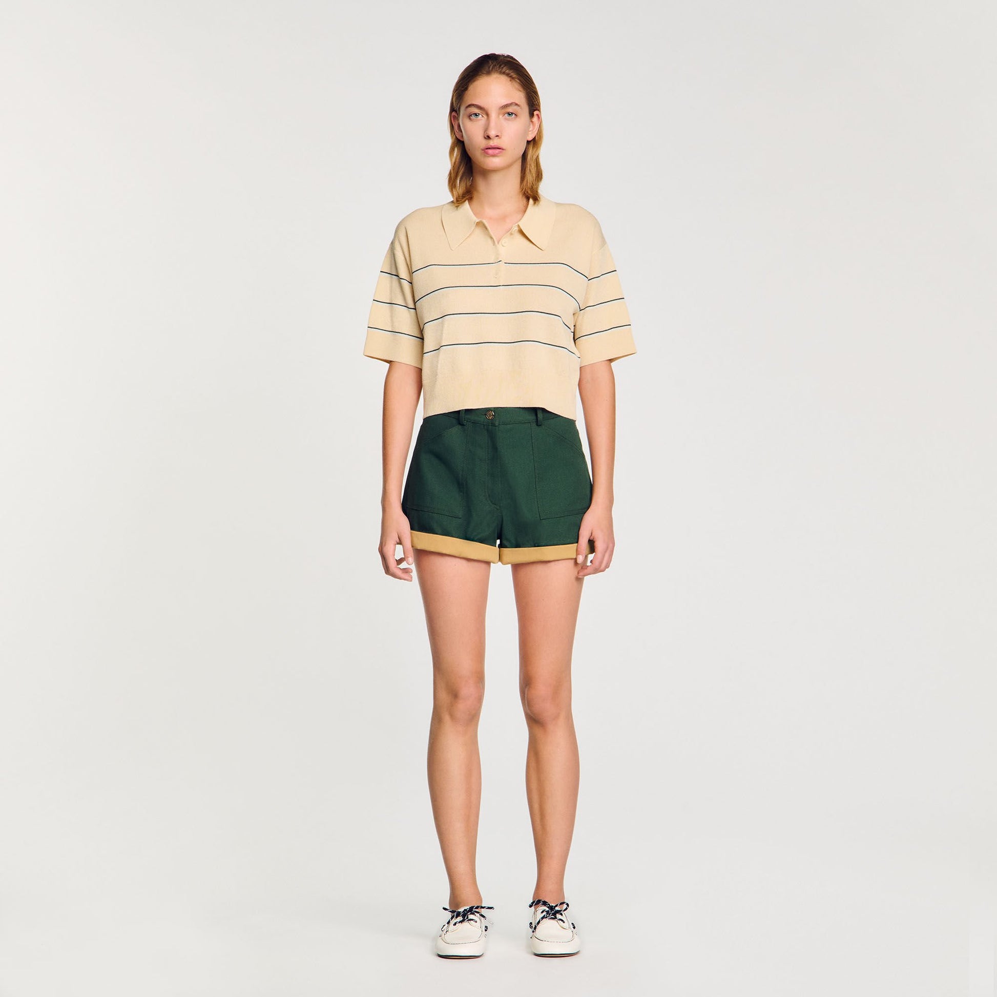 Sandro Cropped striped knitted sweater Ecru