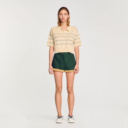Sandro Cropped striped knitted sweater Ecru