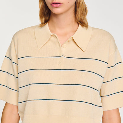 Sandro Cropped striped knitted sweater Ecru