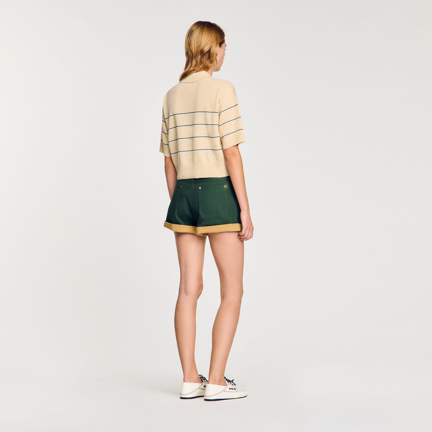 Sandro Cropped striped knitted sweater Ecru