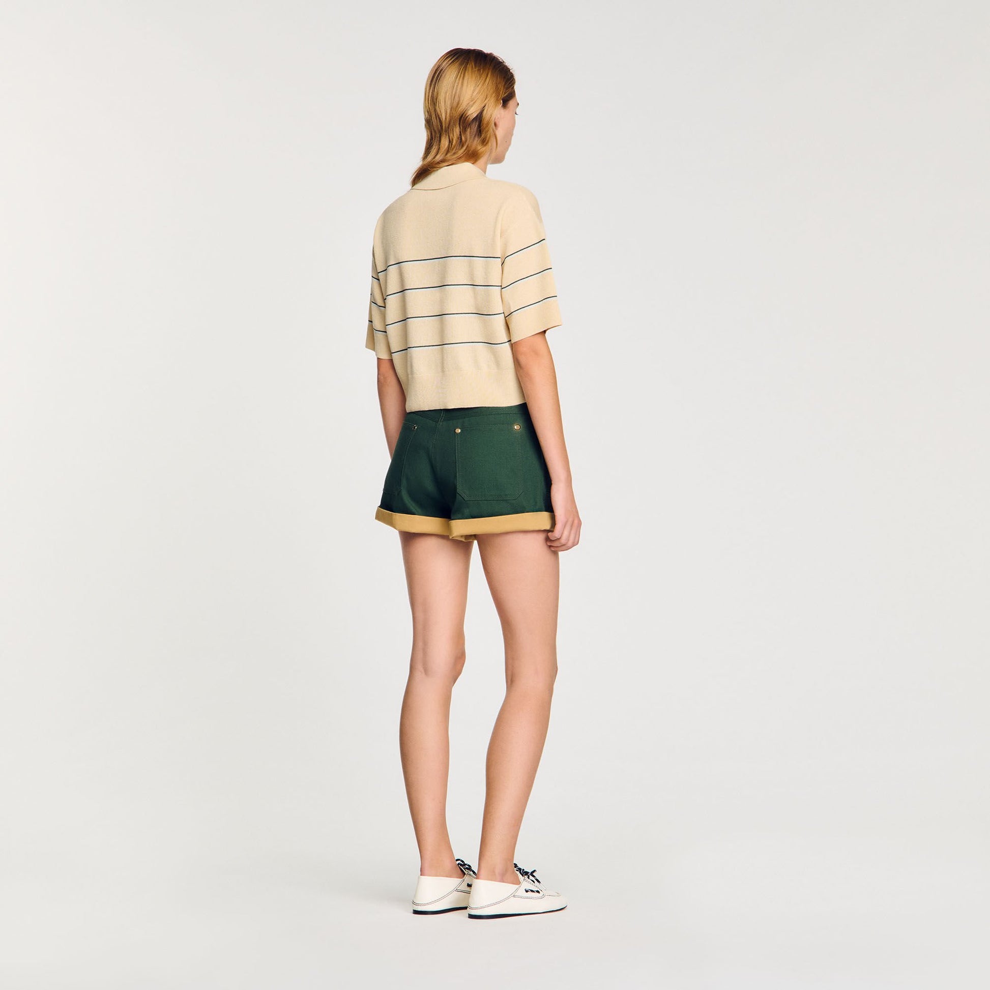 Sandro Cropped striped knitted sweater Ecru