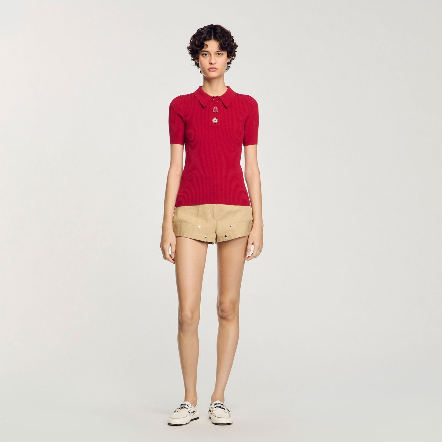 Sandro Rib knit polo shirt Cherry