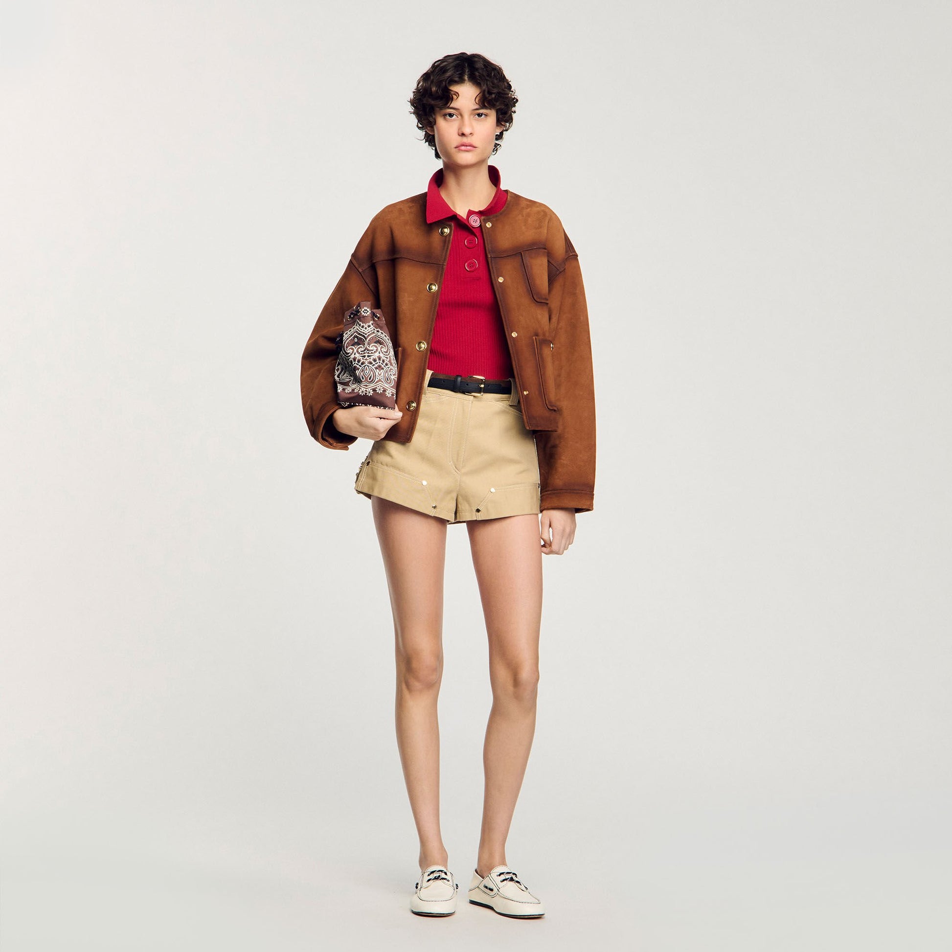 Sandro Rib knit polo shirt Cherry