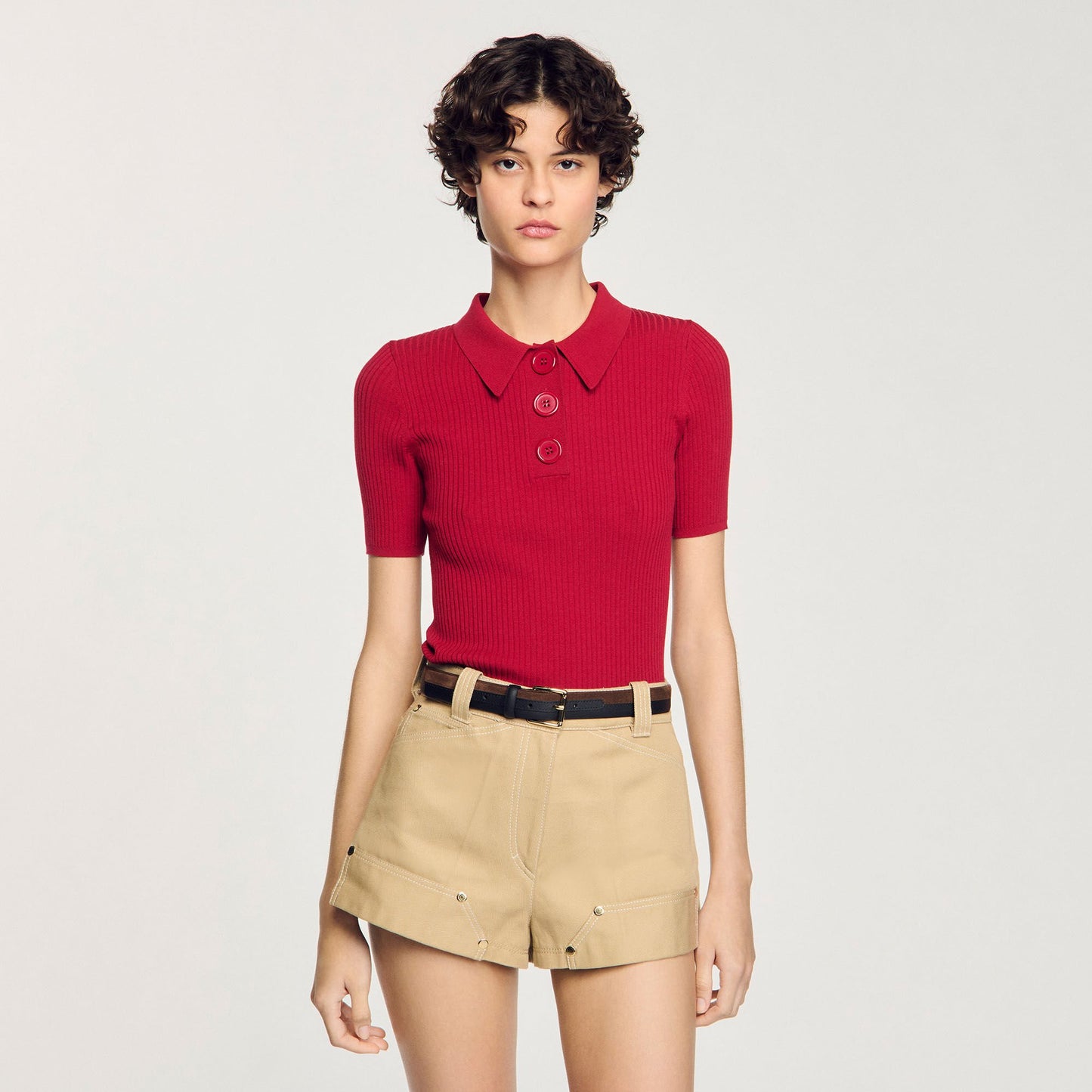 Sandro Rib knit polo shirt Cherry