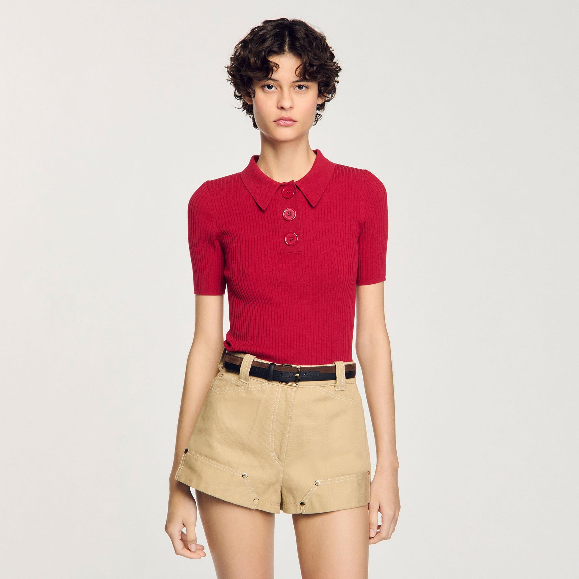 Sandro Rib knit polo shirt Cherry