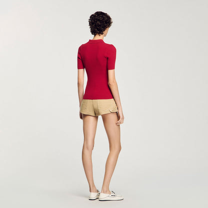 Sandro Rib knit polo shirt Cherry