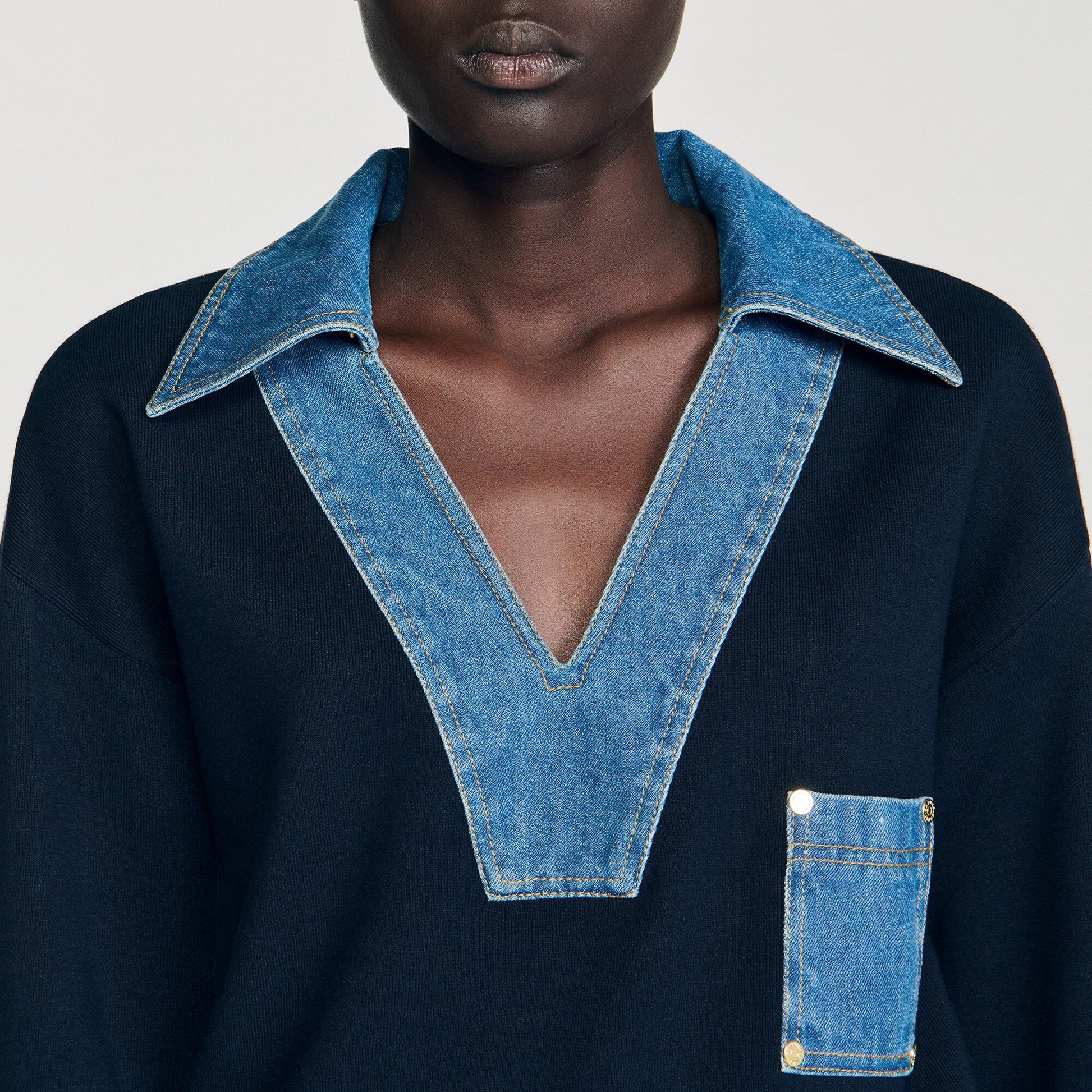 Sandro Sweater with denim details Navy Blue