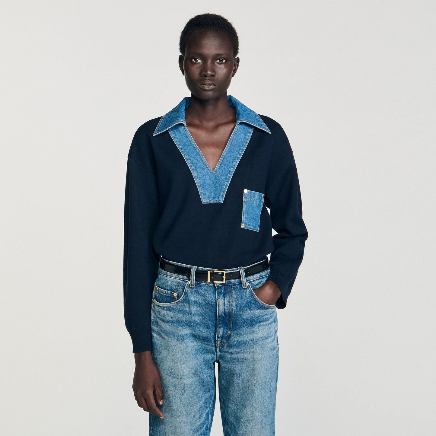 Sandro Sweater with denim details Navy Blue