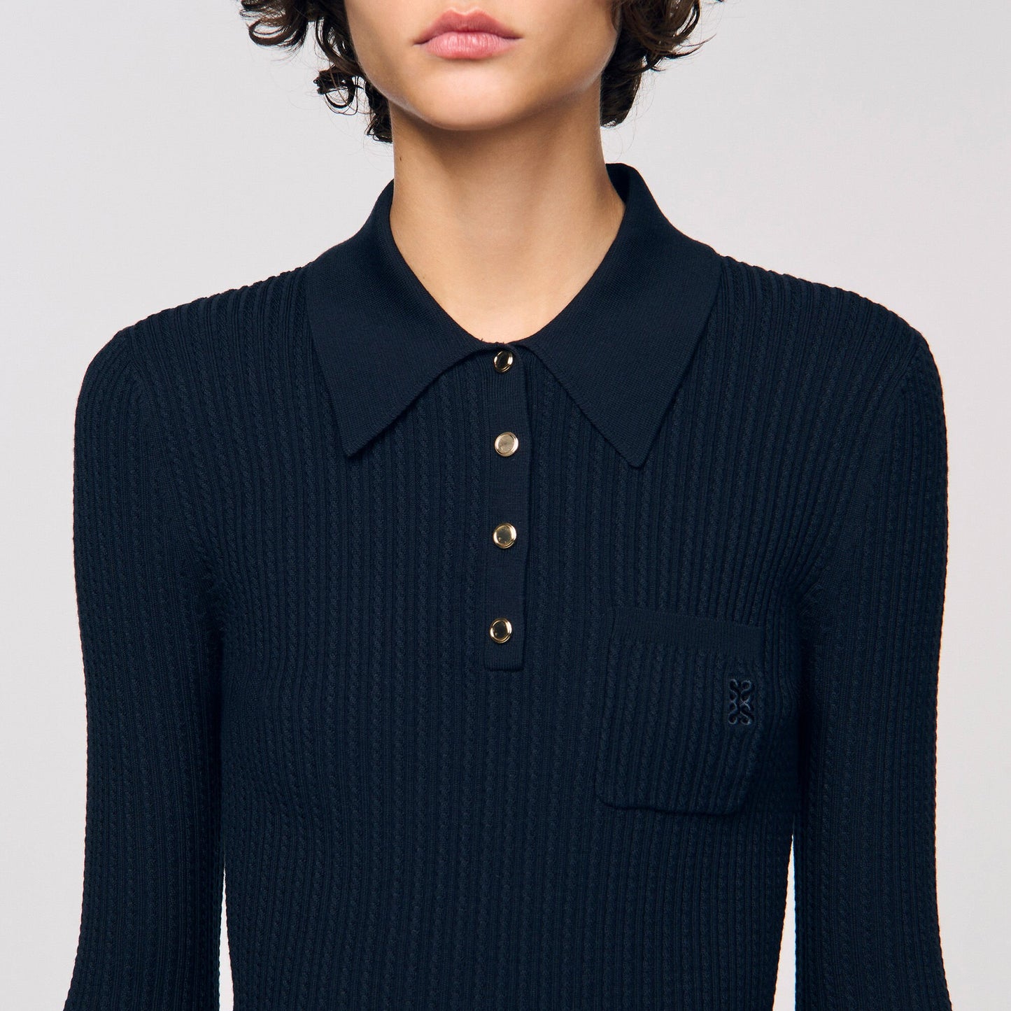 Sandro Cable knit polo sweater Navy Blue
