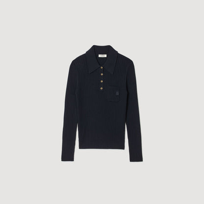 Sandro Cable knit polo sweater Navy Blue