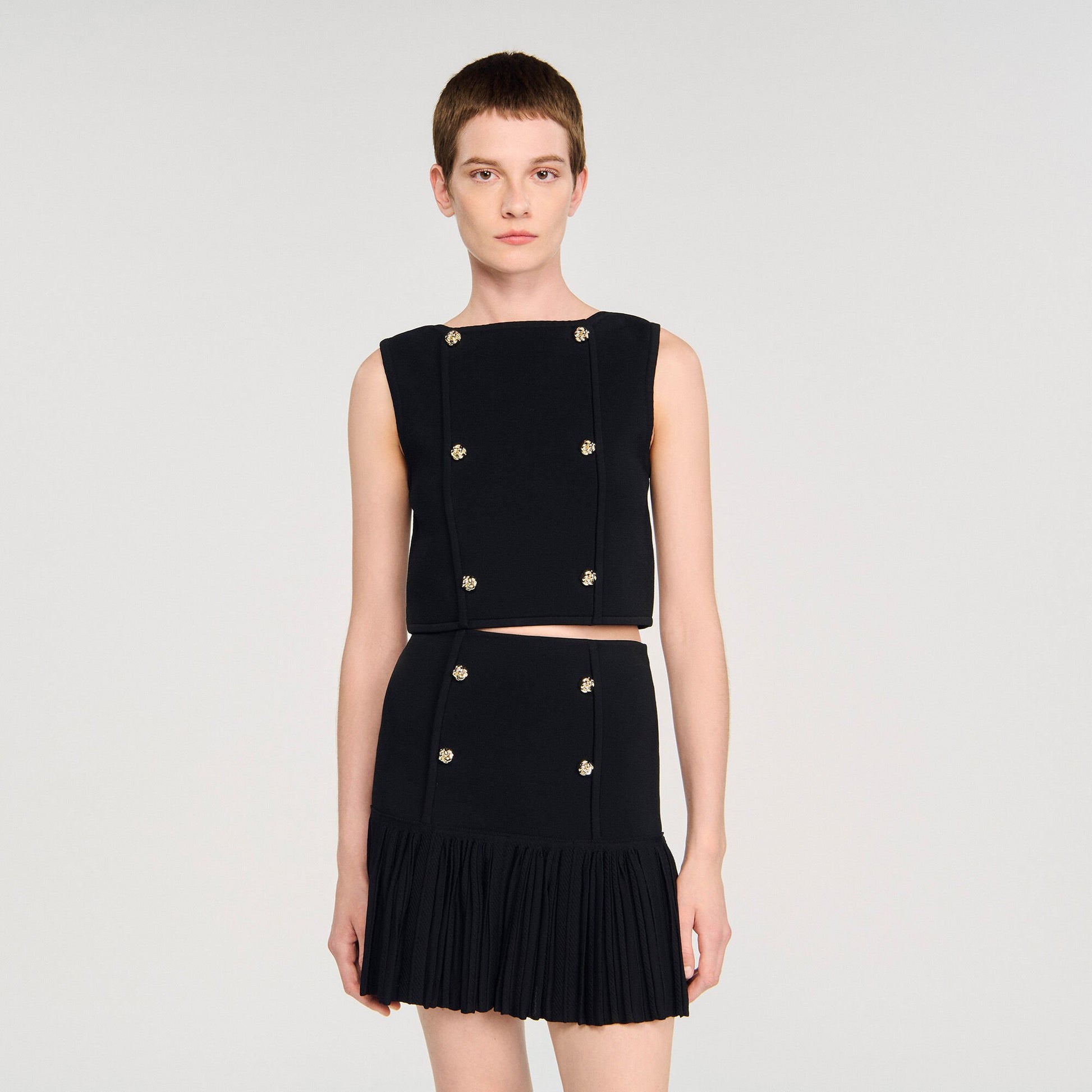 Sandro Button detail cropped knit top Black