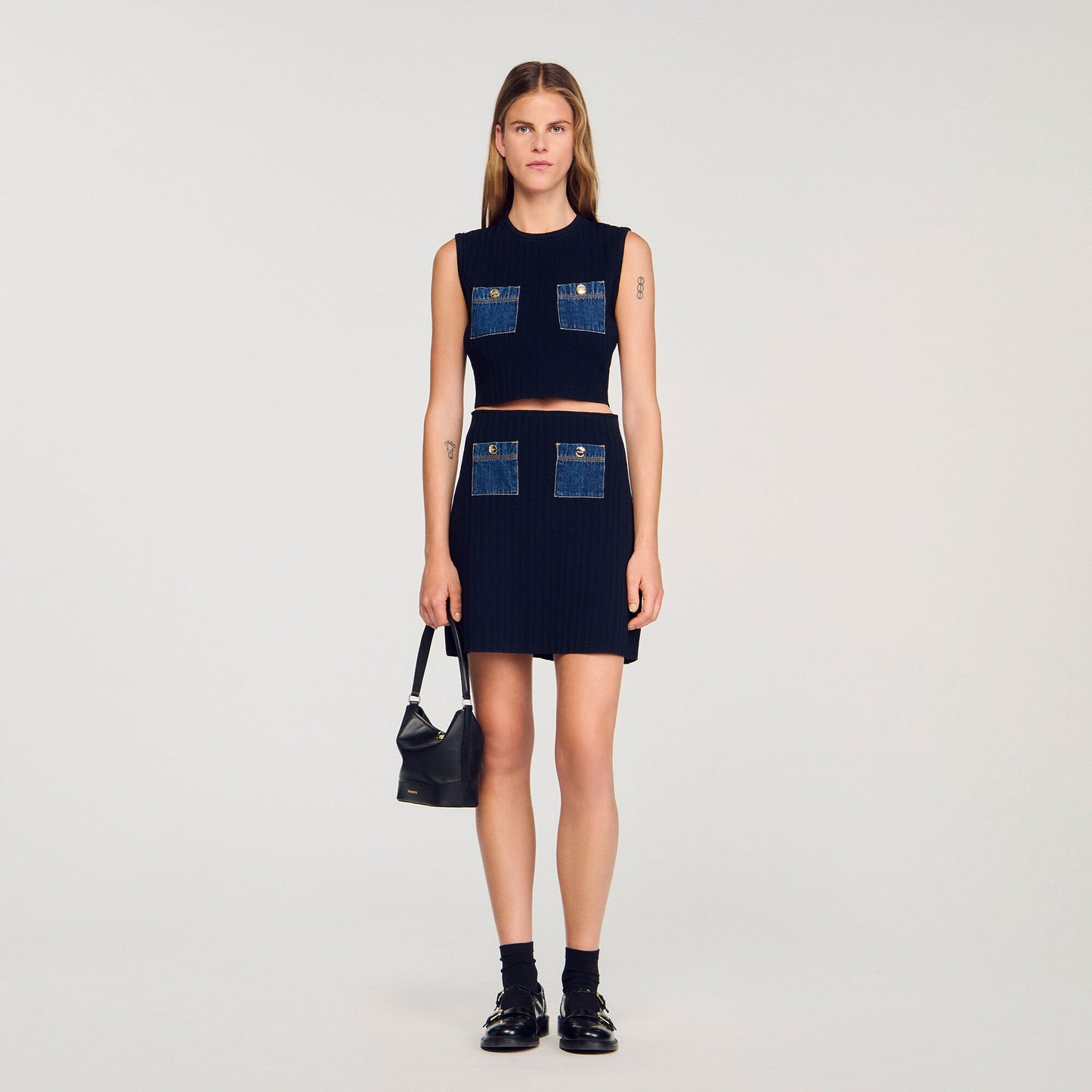 Sandro Knit and denim top Navy Blue