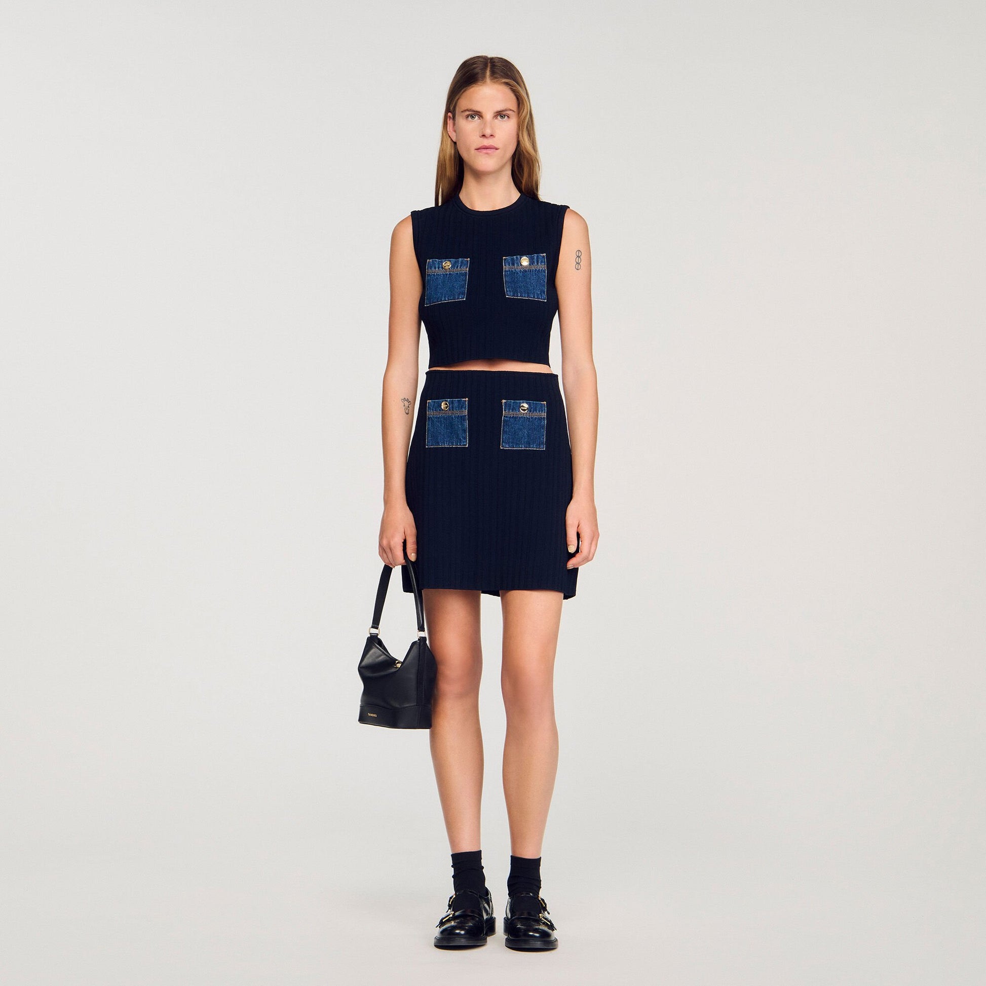 Sandro Knit and denim top Navy Blue