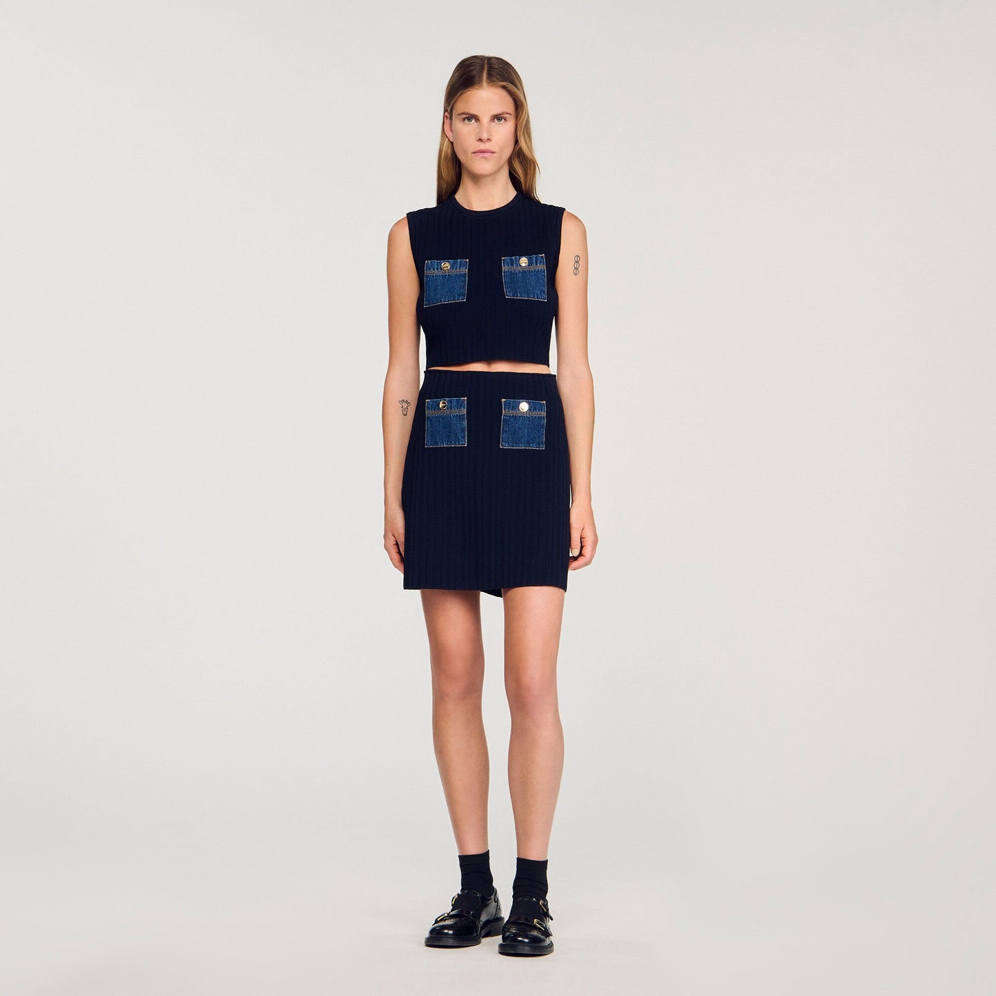 Sandro Knit and denim top Navy Blue