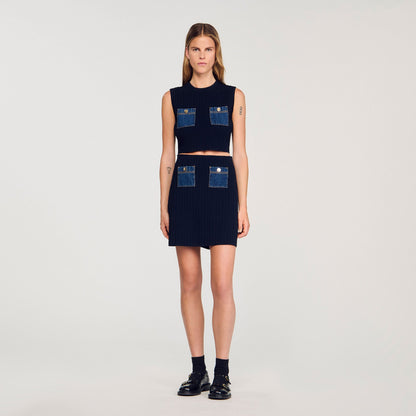 Sandro Knit and denim top Navy Blue