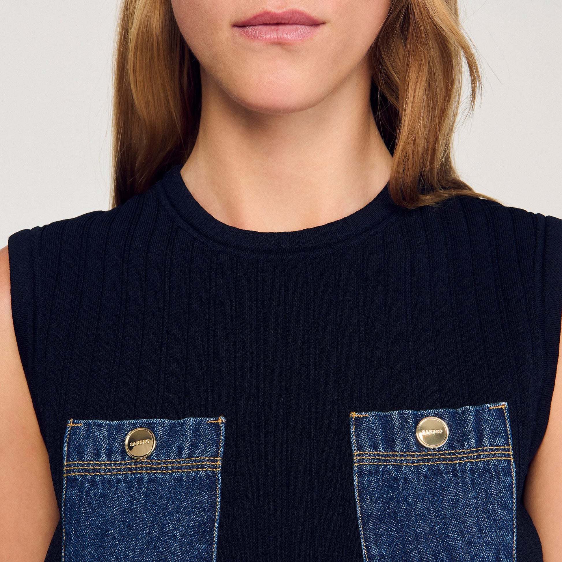 Sandro Knit and denim top Navy Blue
