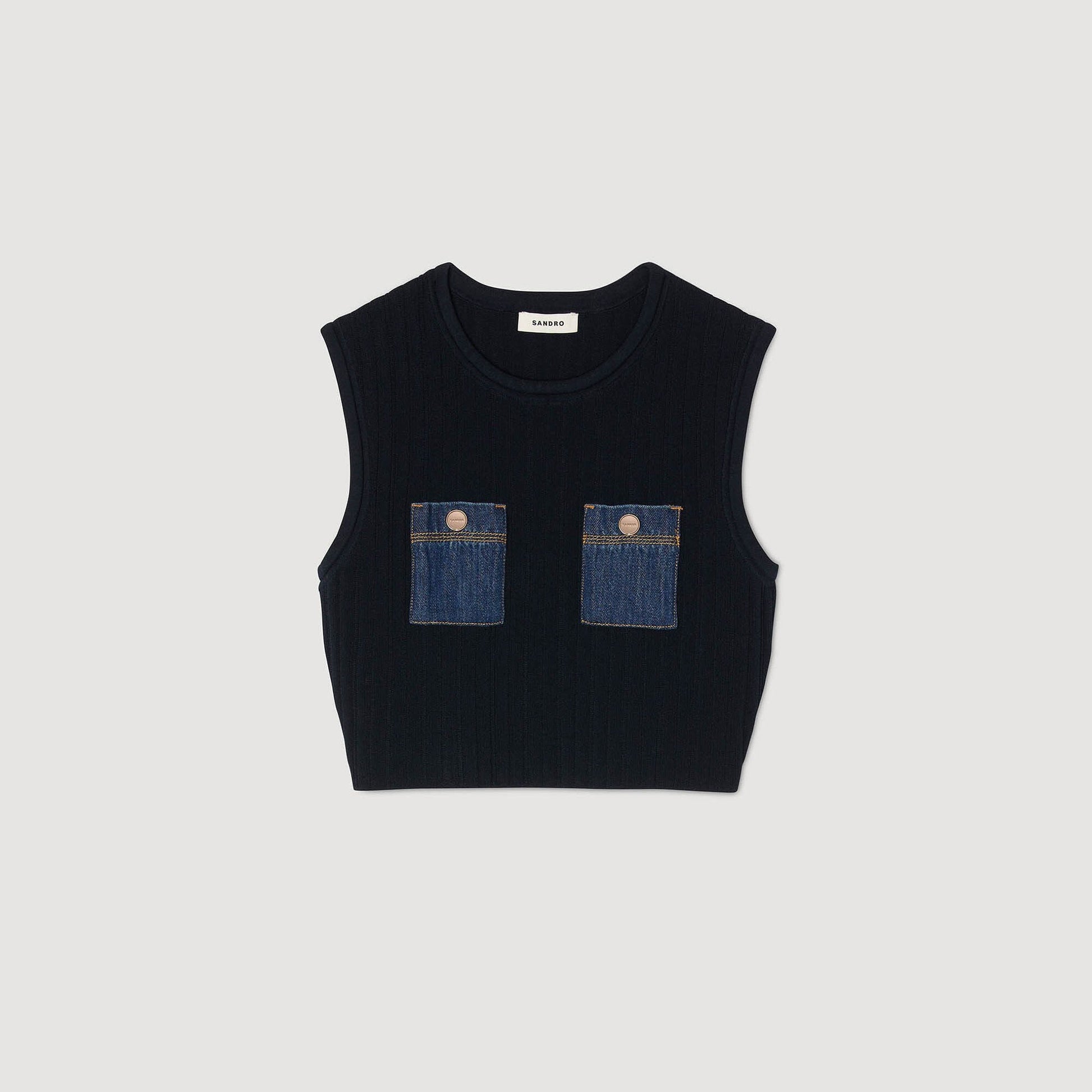 Sandro Knit and denim top Navy Blue