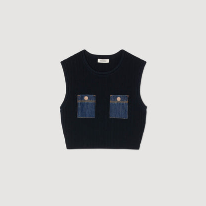 Sandro Knit and denim top Navy Blue