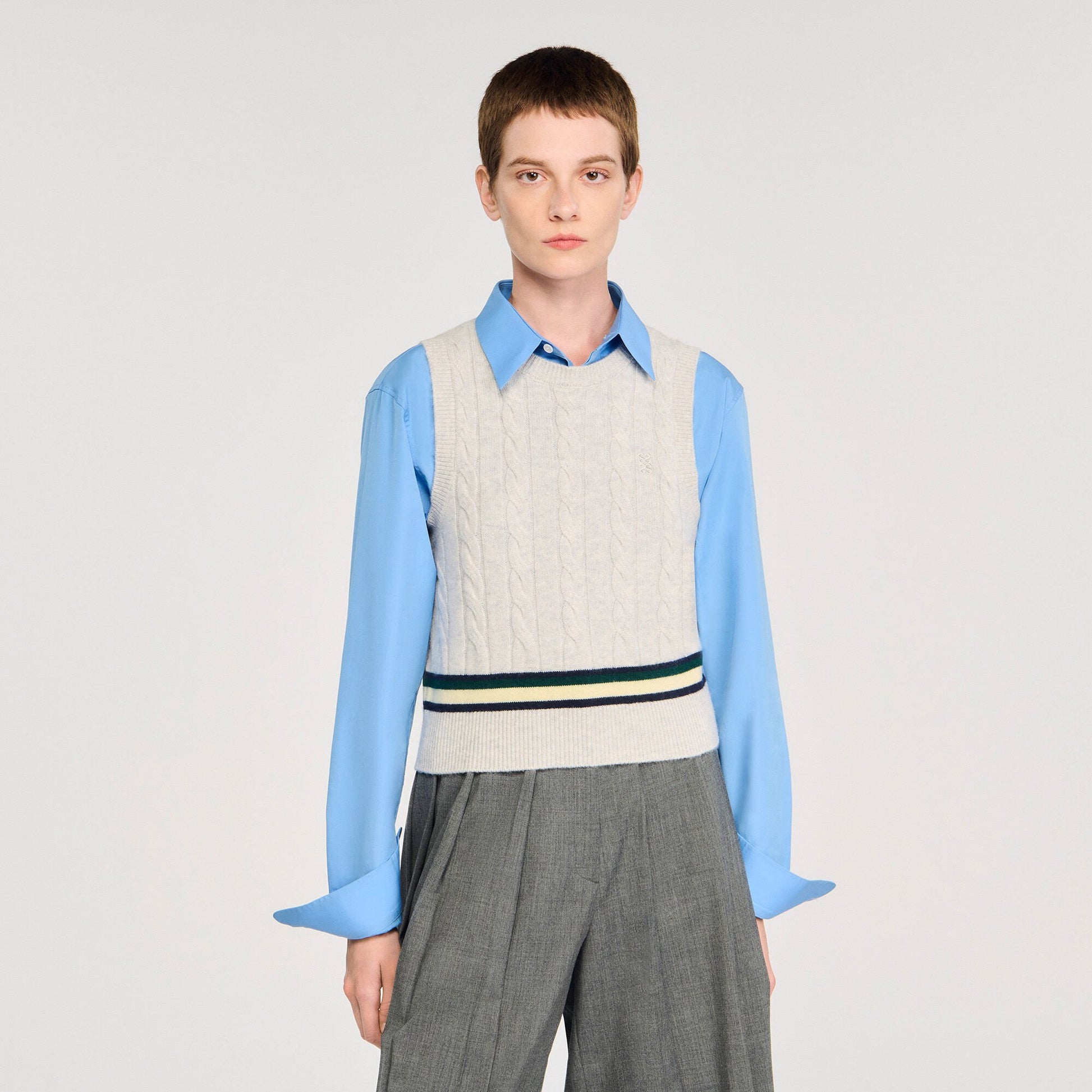 Sandro Sleeveless cropped cable knit sweater Grey