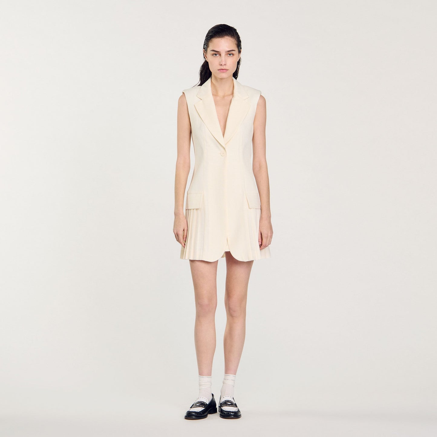 Sandro Mini pleated suit dress Ecru