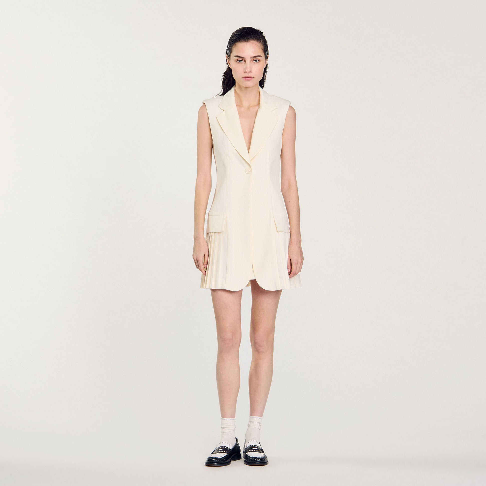 Sandro Mini pleated suit dress Ecru
