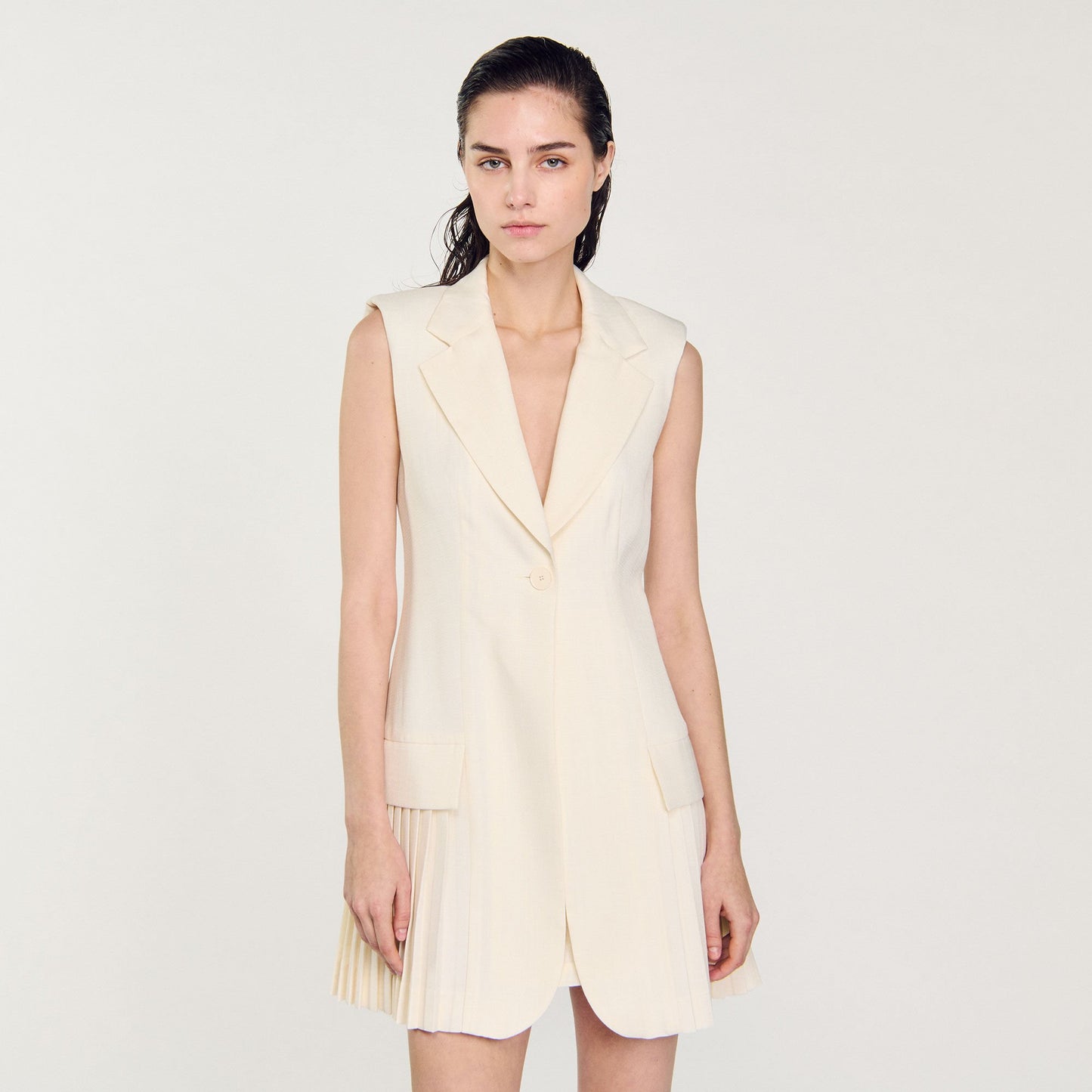 Sandro Mini pleated suit dress Ecru