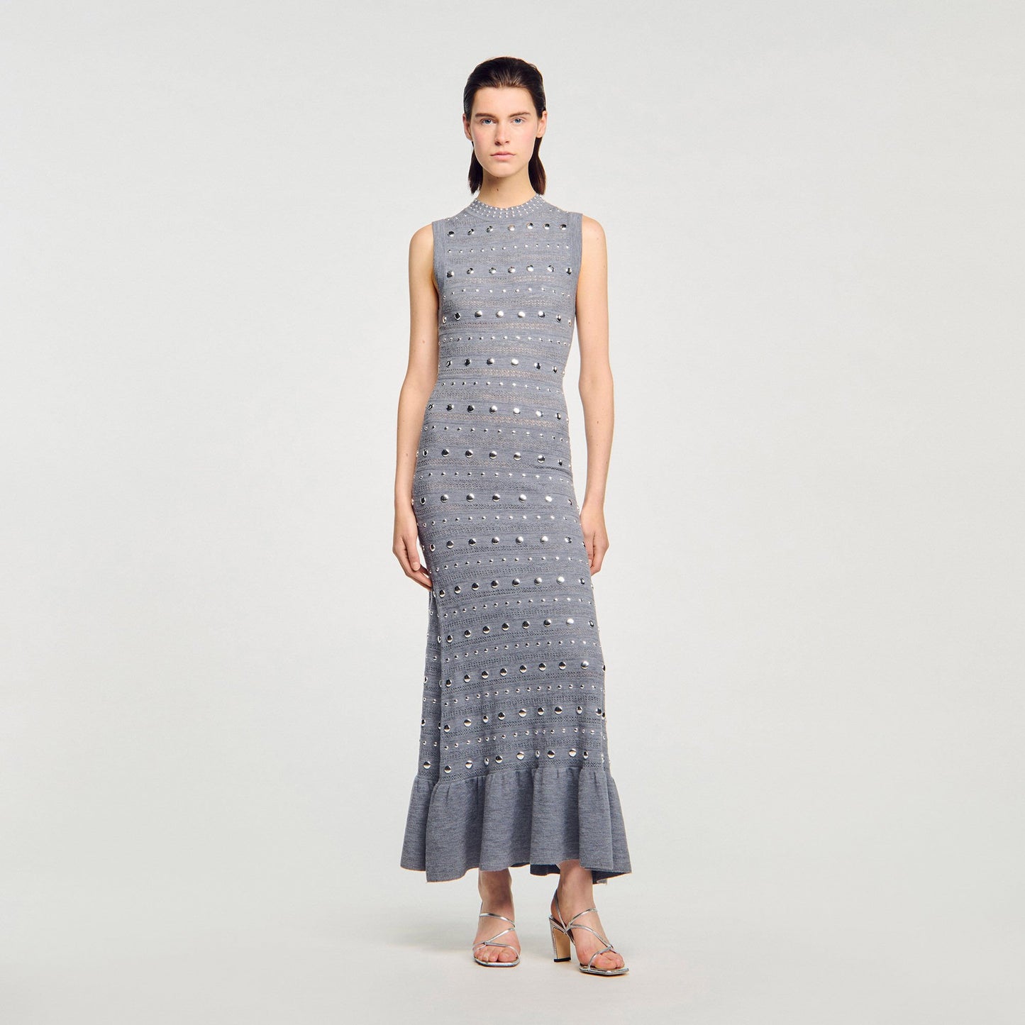 Sandro Knit maxi dress with studs Grey