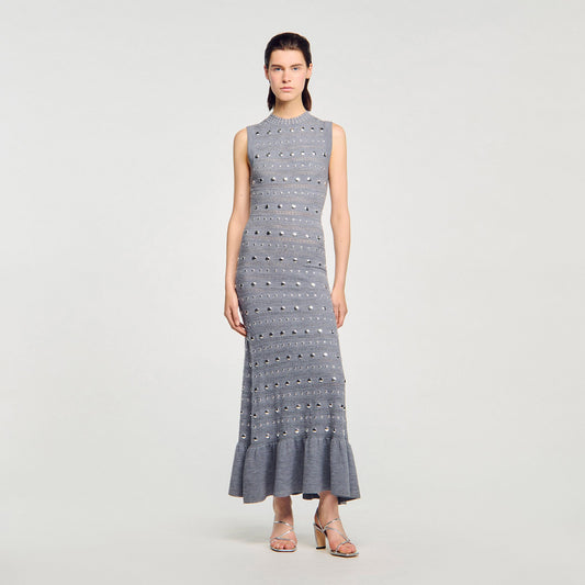 Sandro Knit maxi dress with studs Grey