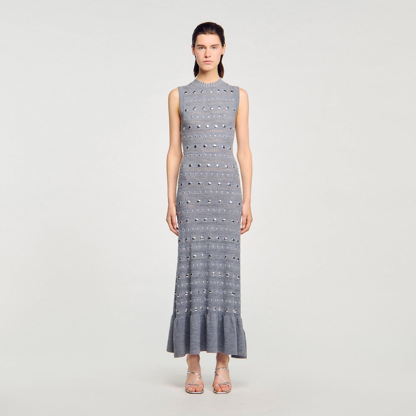Sandro Knit maxi dress with studs Grey