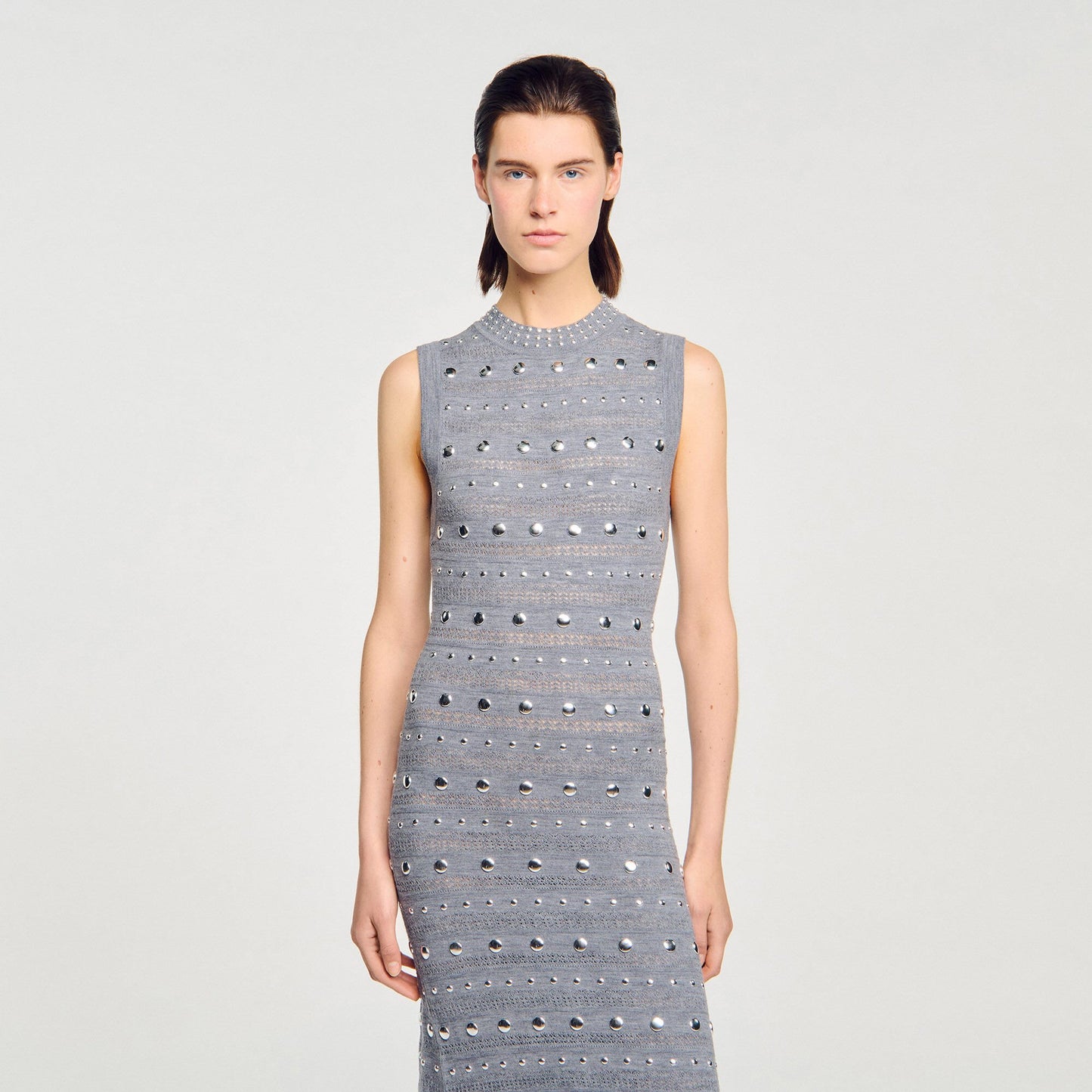 Sandro Knit maxi dress with studs Grey