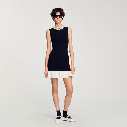 Sandro Mini knit dress with beaded neck Black / Ecru