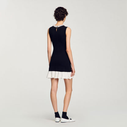 Sandro Mini knit dress with beaded neck Black / Ecru